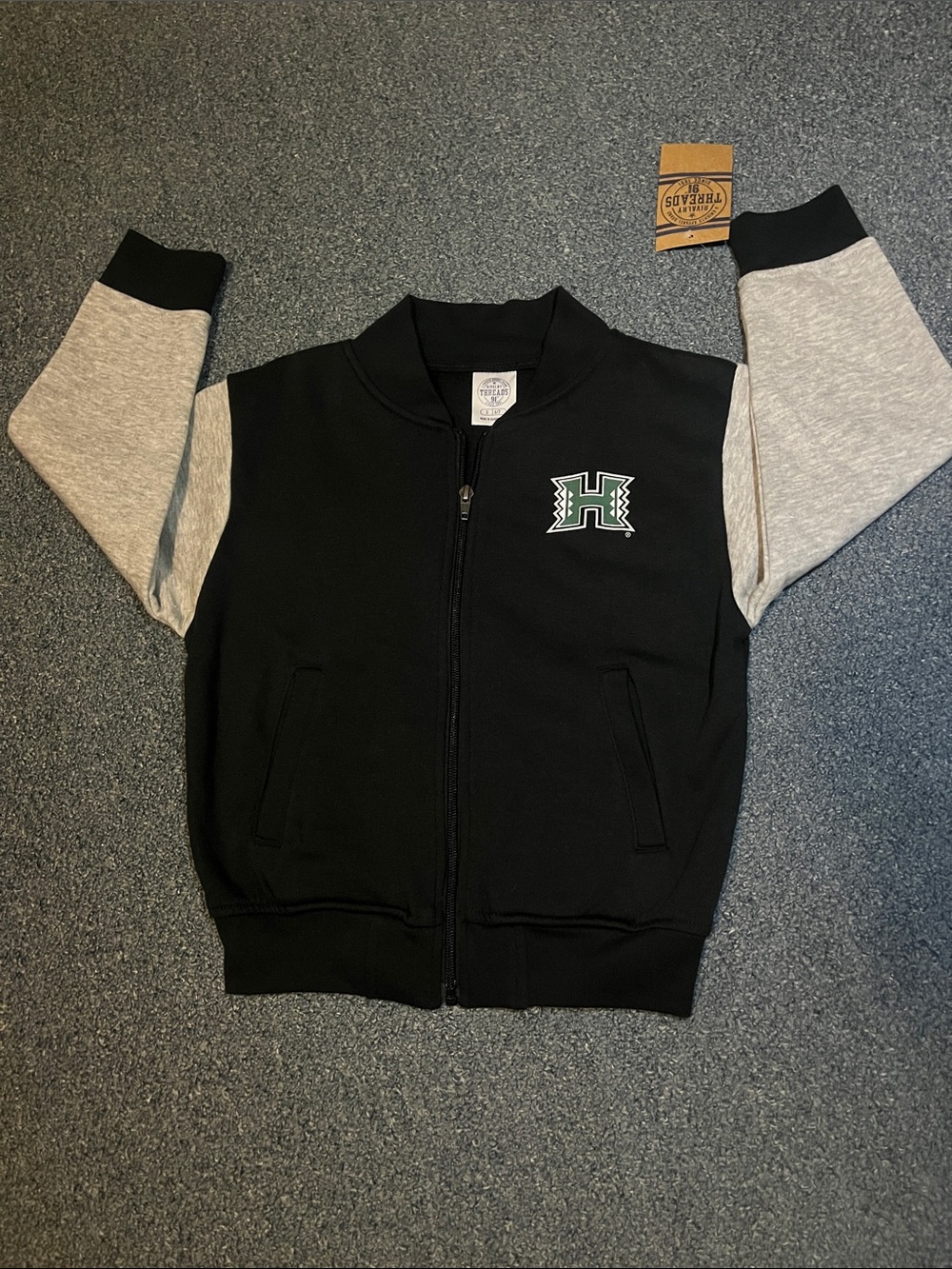 UNIVERSITY OF HAWAII Bomber Jacket with Gray Sleeves and Green Logo